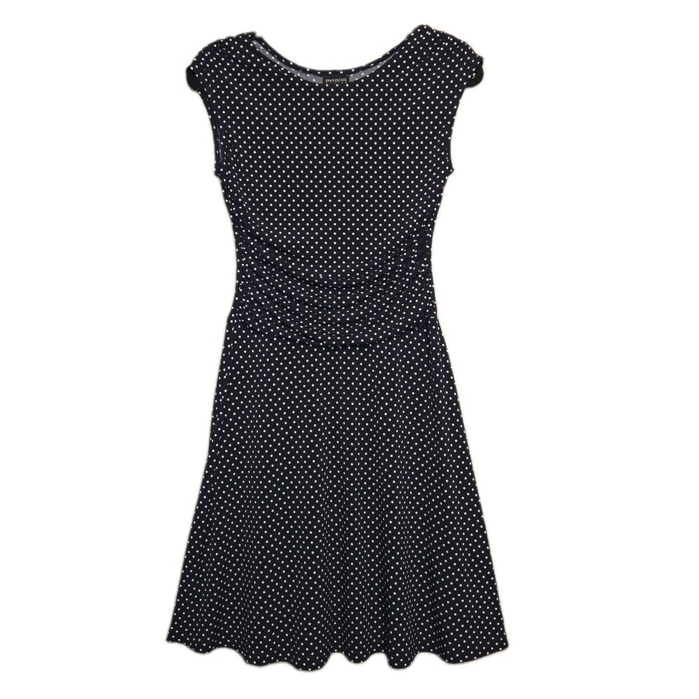 ENFOCUS STUDIO Navy Polka Dot Fit & Flare Dress Women's Petite 4P Ruched Waist
